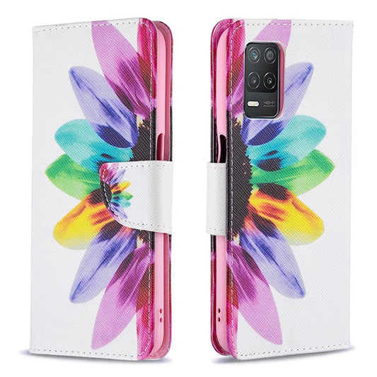 Wallet Stand Design Folio Flip Pattern Printing Magnetic Leather Case for Realme 8 5G/V13 5G/Narzo 30 5G - Sunflower