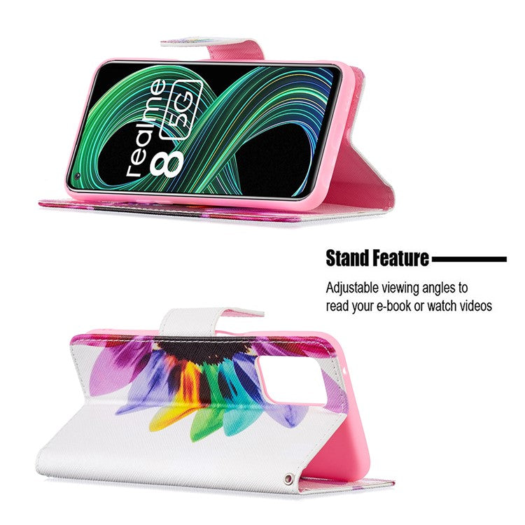 Wallet Stand Design Folio Flip Pattern Printing Magnetic Leather Case for Realme 8 5G/V13 5G/Narzo 30 5G - Sunflower