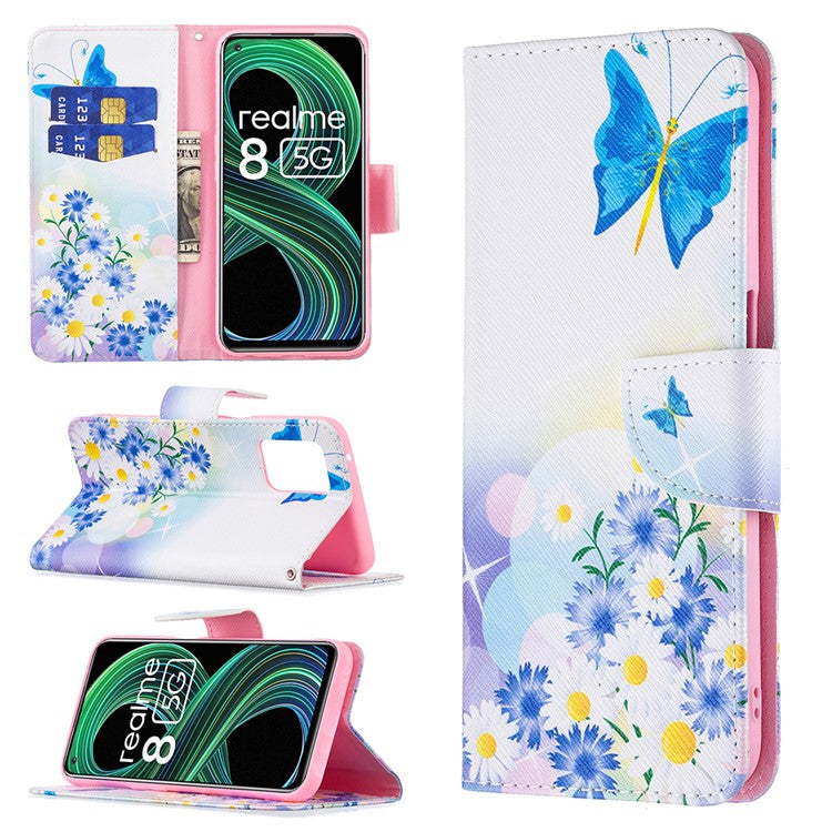 Wallet Stand Design Folio Flip Pattern Printing Magnetic Leather Case for Realme 8 5G/V13 5G/Narzo 30 5G - Blue Butterflies and Flowers