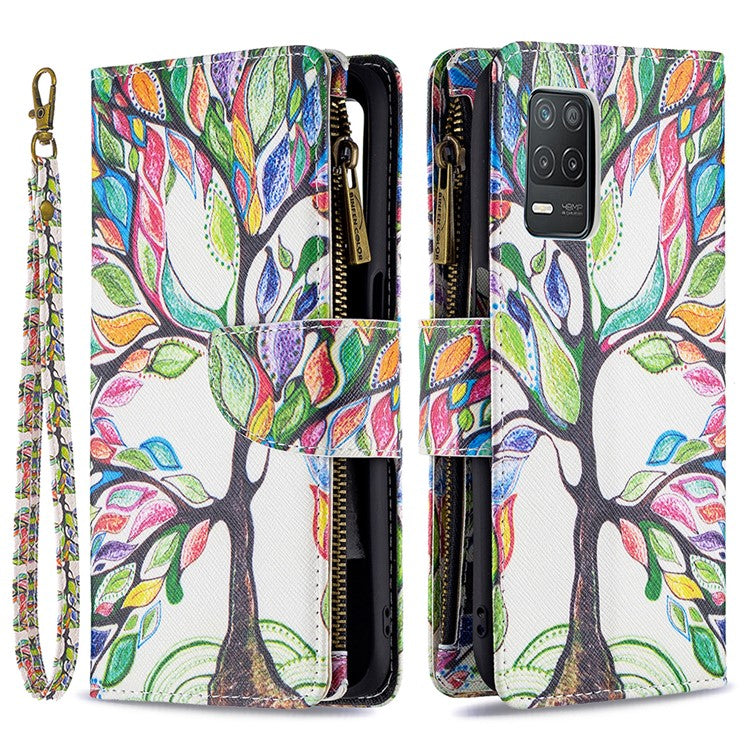 Pattern Printing Zipper Wallet Stand Leather Phone Cover Case with Wrist Strap for Realme 8 5G/V13 5G/Narzo 30 5G - Colorful Tree
