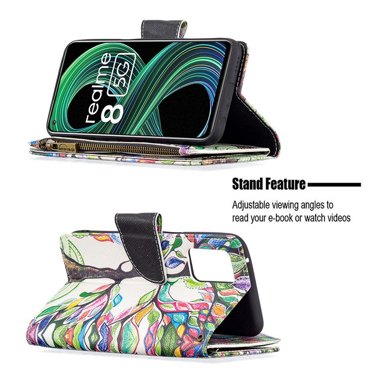 Pattern Printing Zipper Wallet Stand Leather Phone Cover Case with Wrist Strap for Realme 8 5G/V13 5G/Narzo 30 5G - Colorful Tree