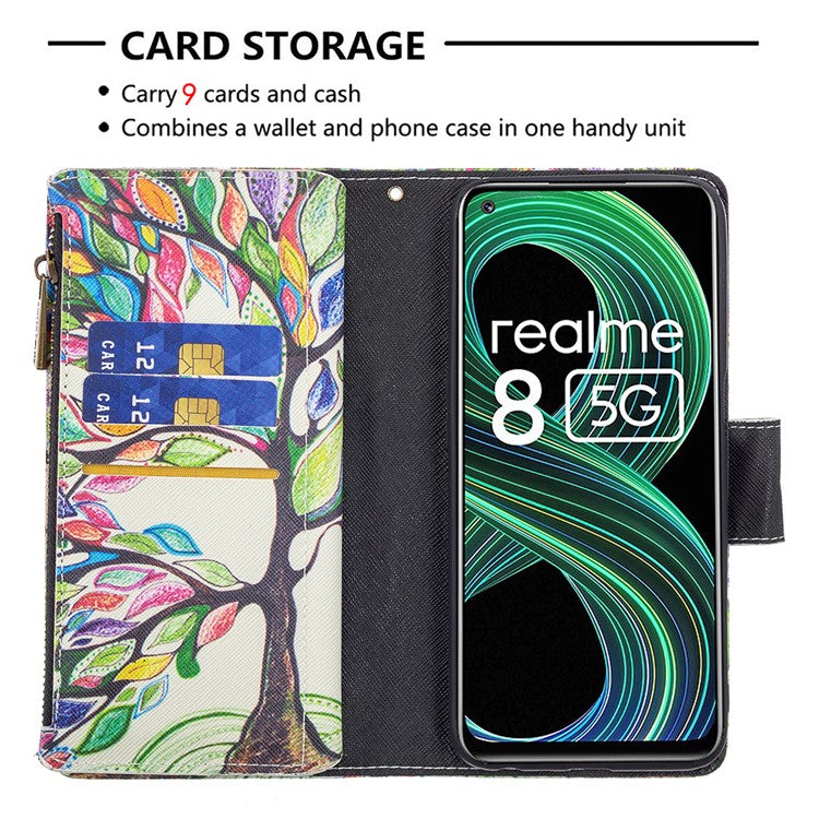 Pattern Printing Zipper Wallet Stand Leather Phone Cover Case with Wrist Strap for Realme 8 5G/V13 5G/Narzo 30 5G - Colorful Tree