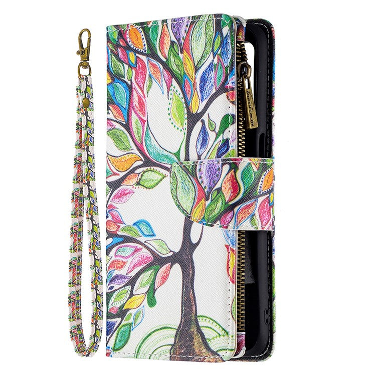 Pattern Printing Zipper Wallet Stand Leather Phone Cover Case with Wrist Strap for Realme 8 5G/V13 5G/Narzo 30 5G - Colorful Tree