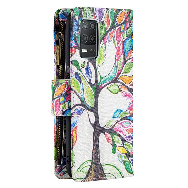 Pattern Printing Zipper Wallet Stand Leather Phone Cover Case with Wrist Strap for Realme 8 5G/V13 5G/Narzo 30 5G - Colorful Tree