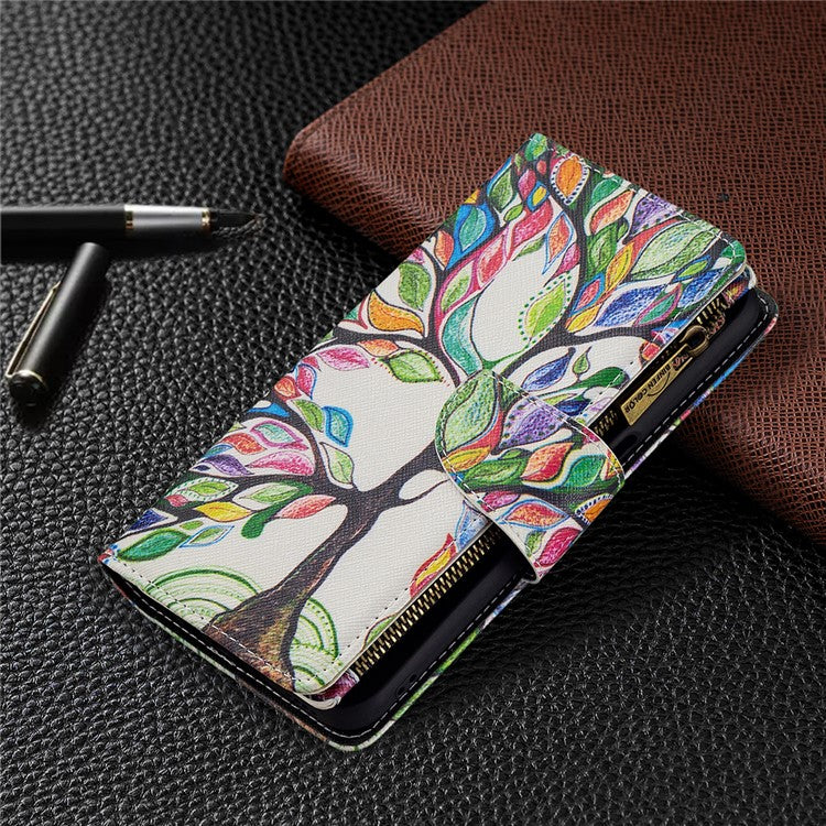 Pattern Printing Zipper Wallet Stand Leather Phone Cover Case with Wrist Strap for Realme 8 5G/V13 5G/Narzo 30 5G - Colorful Tree