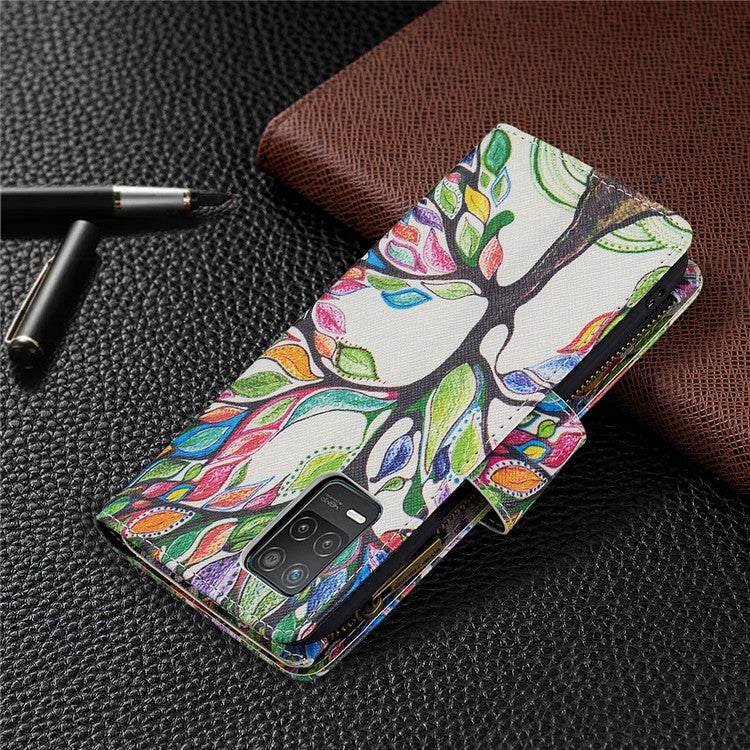 Pattern Printing Zipper Wallet Stand Leather Phone Cover Case with Wrist Strap for Realme 8 5G/V13 5G/Narzo 30 5G - Colorful Tree