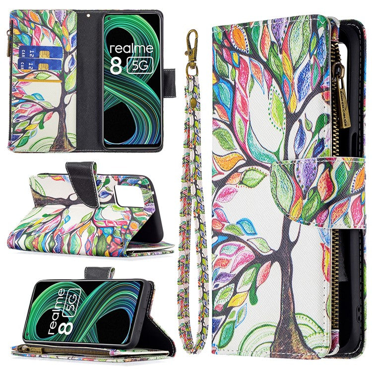Pattern Printing Zipper Wallet Stand Leather Phone Cover Case with Wrist Strap for Realme 8 5G/V13 5G/Narzo 30 5G - Colorful Tree