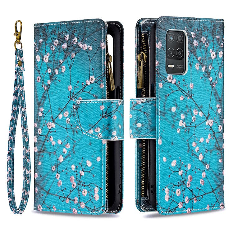 Pattern Printing Zipper Wallet Stand Leather Phone Cover Case with Wrist Strap for Realme 8 5G/V13 5G/Narzo 30 5G - Plum Blossom
