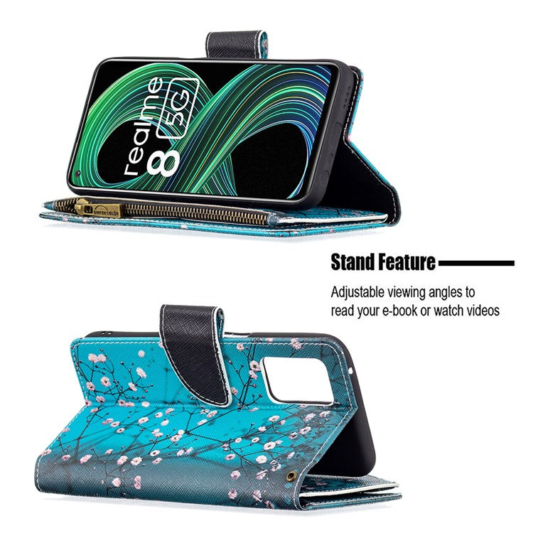 Pattern Printing Zipper Wallet Stand Leather Phone Cover Case with Wrist Strap for Realme 8 5G/V13 5G/Narzo 30 5G - Plum Blossom