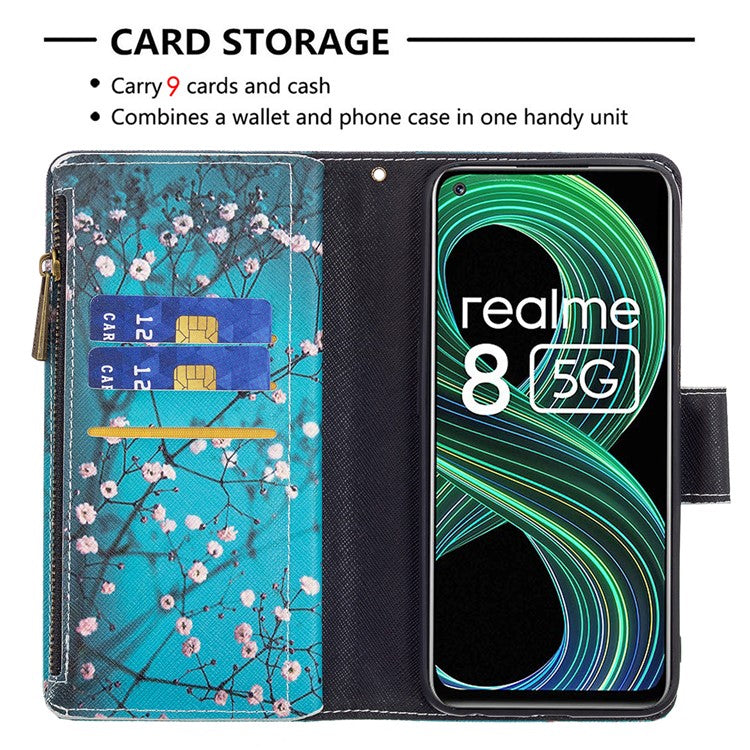 Pattern Printing Zipper Wallet Stand Leather Phone Cover Case with Wrist Strap for Realme 8 5G/V13 5G/Narzo 30 5G - Plum Blossom