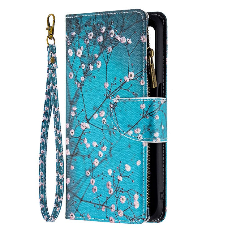 Pattern Printing Zipper Wallet Stand Leather Phone Cover Case with Wrist Strap for Realme 8 5G/V13 5G/Narzo 30 5G - Plum Blossom
