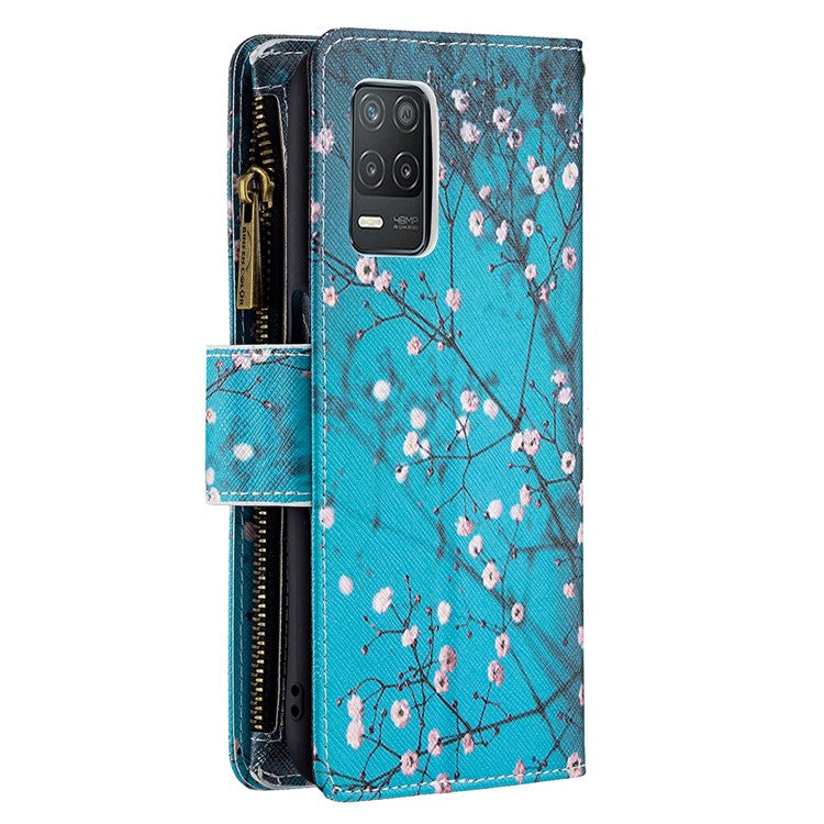 Pattern Printing Zipper Wallet Stand Leather Phone Cover Case with Wrist Strap for Realme 8 5G/V13 5G/Narzo 30 5G - Plum Blossom