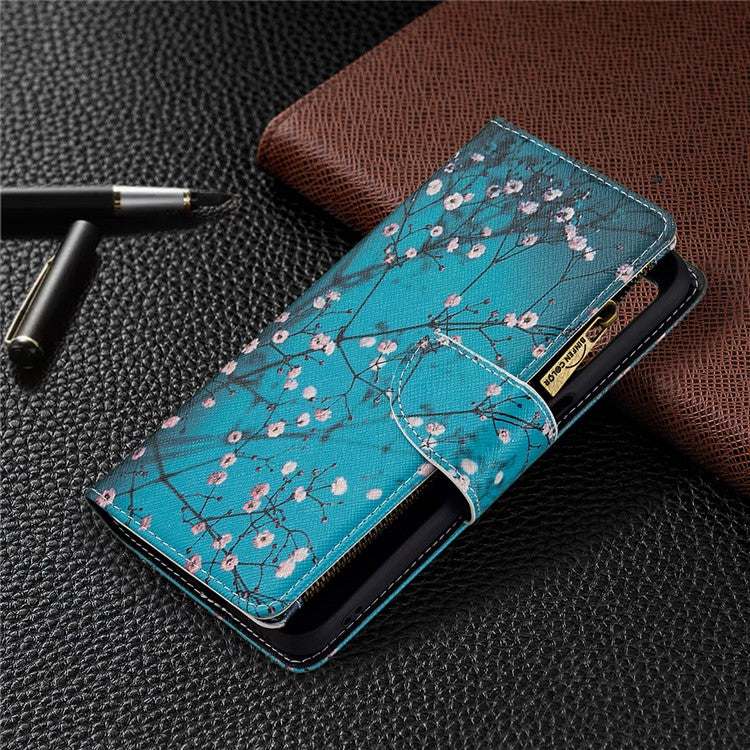 Pattern Printing Zipper Wallet Stand Leather Phone Cover Case with Wrist Strap for Realme 8 5G/V13 5G/Narzo 30 5G - Plum Blossom