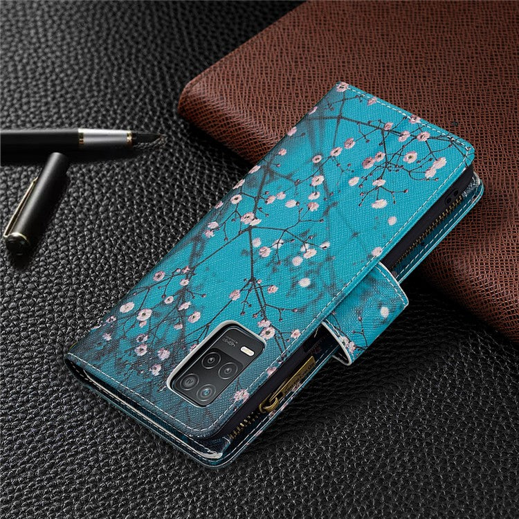 Pattern Printing Zipper Wallet Stand Leather Phone Cover Case with Wrist Strap for Realme 8 5G/V13 5G/Narzo 30 5G - Plum Blossom