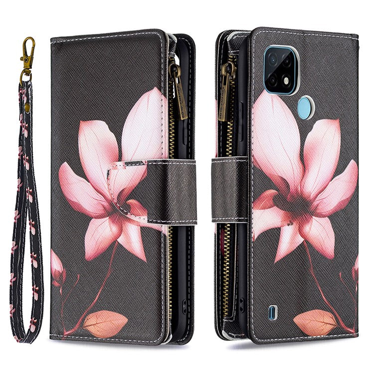 Pattern Printing Zipper Wallet Stand Design PU Leather Phone Shell Case for Realme C21/C20 - Lotus