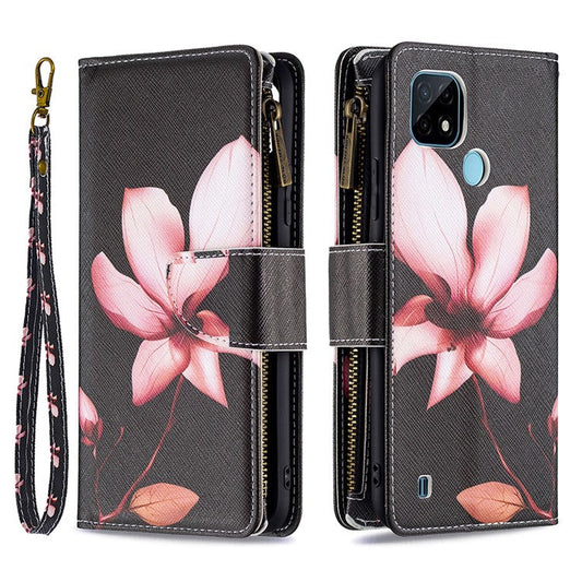 Pattern Printing Zipper Wallet Stand Design PU Leather Phone Shell Case for Realme C21/C20 - Lotus