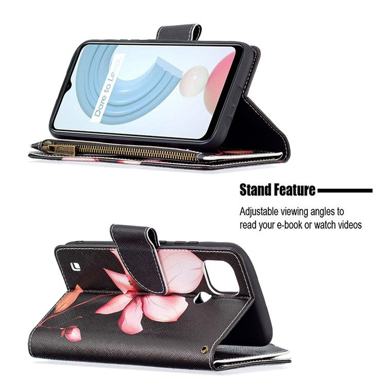 Pattern Printing Zipper Wallet Stand Design PU Leather Phone Shell Case for Realme C21/C20 - Lotus