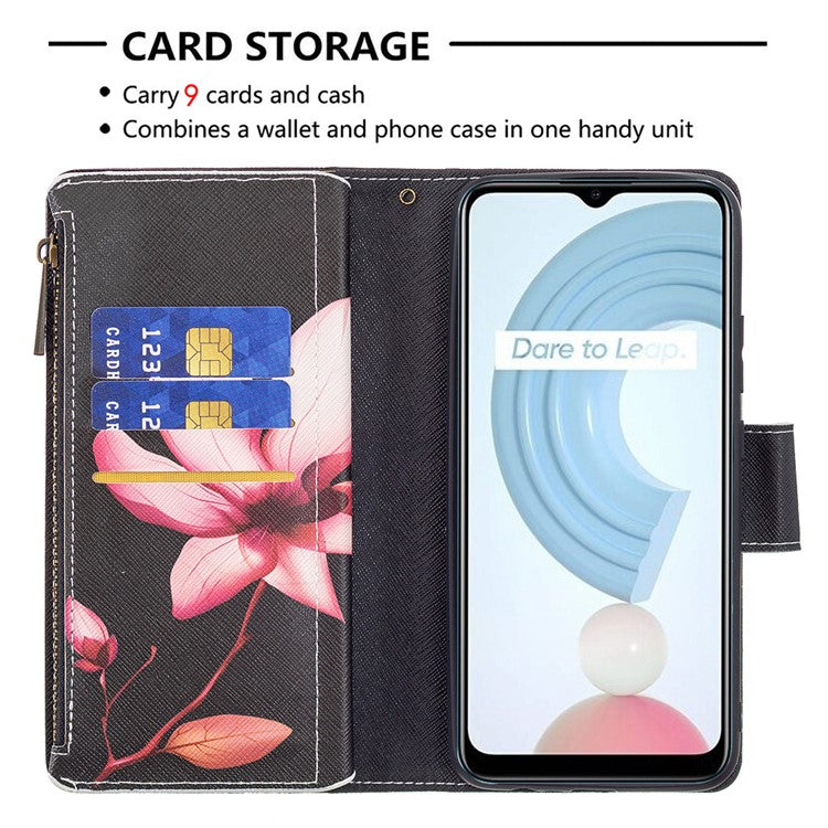Pattern Printing Zipper Wallet Stand Design PU Leather Phone Shell Case for Realme C21/C20 - Lotus