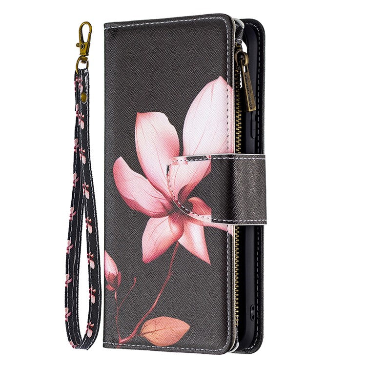 Pattern Printing Zipper Wallet Stand Design PU Leather Phone Shell Case for Realme C21/C20 - Lotus