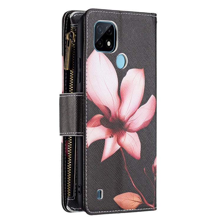 Pattern Printing Zipper Wallet Stand Design PU Leather Phone Shell Case for Realme C21/C20 - Lotus