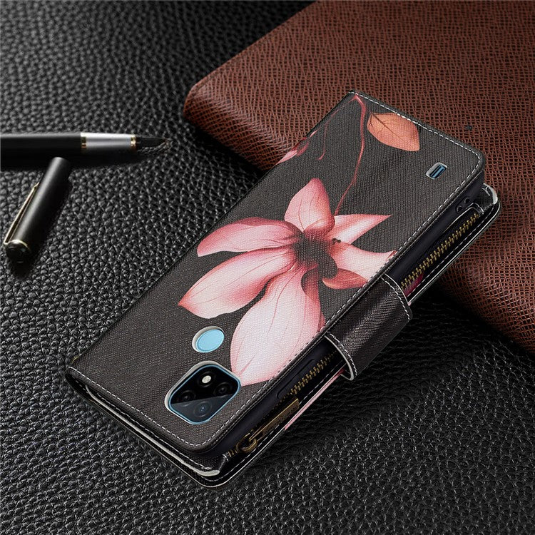 Pattern Printing Zipper Wallet Stand Design PU Leather Phone Shell Case for Realme C21/C20 - Lotus