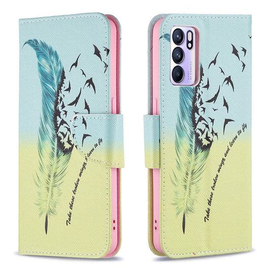 Pattern Printing Drop-Resistant Magnetic Leather Wallet Case with Stand for Oppo Reno6 5G - Feather/Bird Pattern