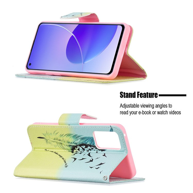 Pattern Printing Drop-Resistant Magnetic Leather Wallet Case with Stand for Oppo Reno6 5G - Feather/Bird Pattern