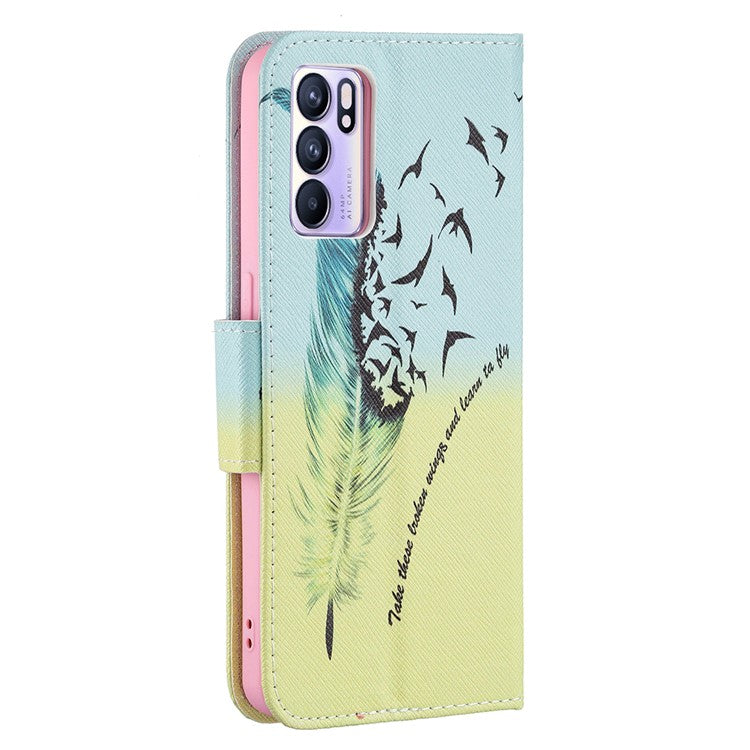 Pattern Printing Drop-Resistant Magnetic Leather Wallet Case with Stand for Oppo Reno6 5G - Feather/Bird Pattern