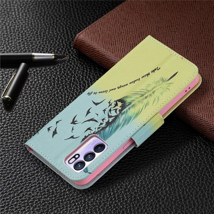 Pattern Printing Drop-Resistant Magnetic Leather Wallet Case with Stand for Oppo Reno6 5G - Feather/Bird Pattern