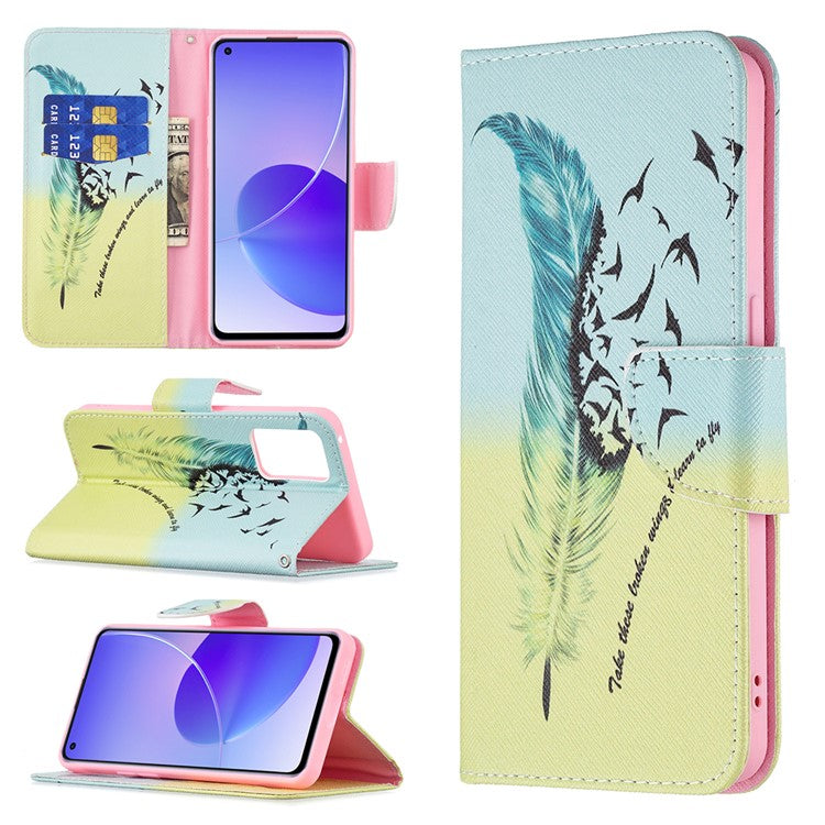 Pattern Printing Drop-Resistant Magnetic Leather Wallet Case with Stand for Oppo Reno6 5G - Feather/Bird Pattern