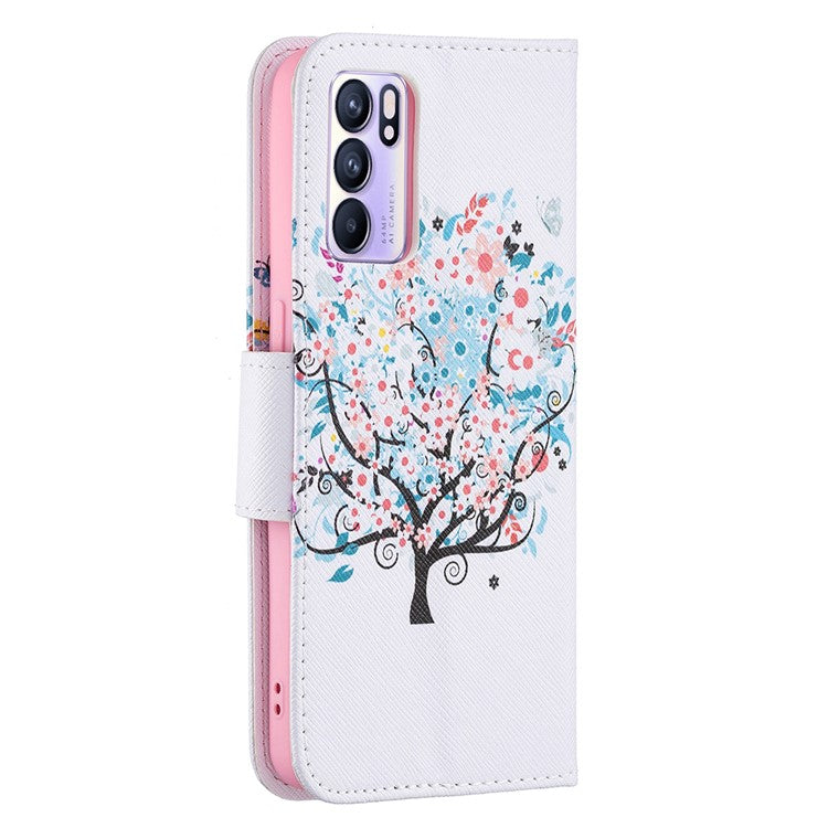 Pattern Printing Drop-Resistant Magnetic Leather Wallet Case with Stand for Oppo Reno6 5G - Flower Tree