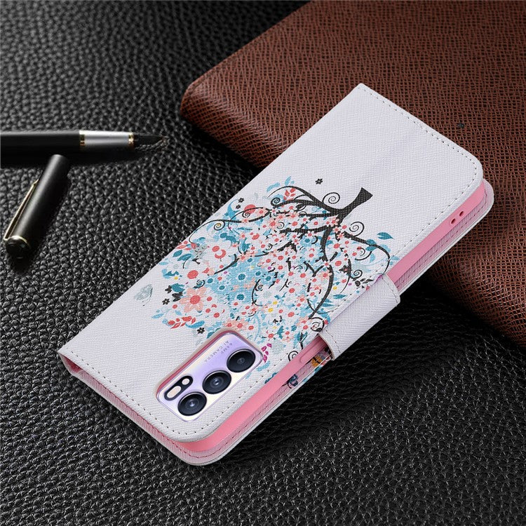 Pattern Printing Drop-Resistant Magnetic Leather Wallet Case with Stand for Oppo Reno6 5G - Flower Tree