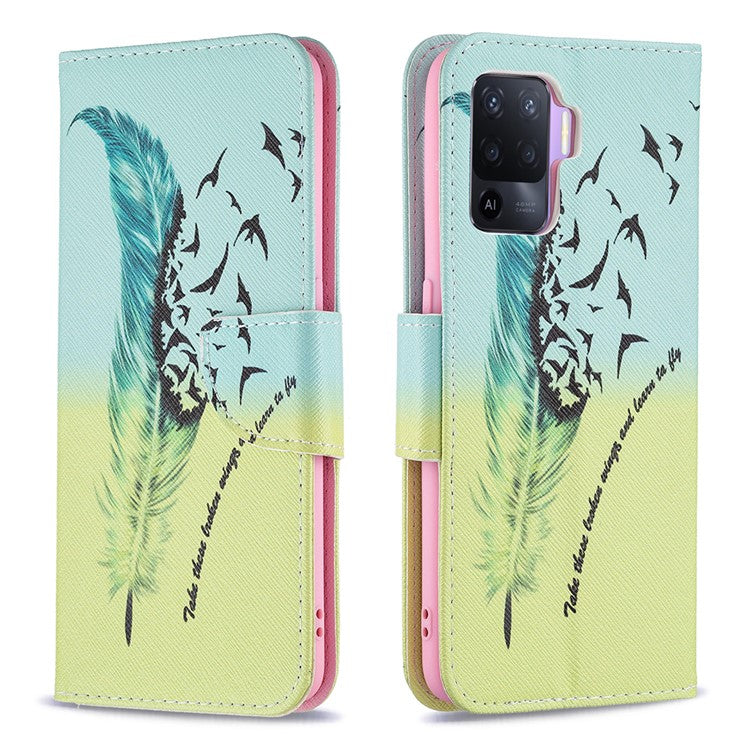 Pattern Printing Leather + Soft TPU Inner Case with Wallet Stand for Oppo A94/Reno5 F/F19 Pro - Feather/Bird Pattern