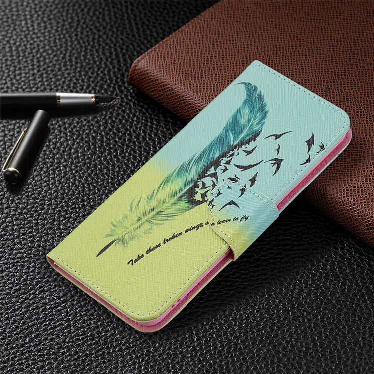 Pattern Printing Leather + Soft TPU Inner Case with Wallet Stand for Oppo A94/Reno5 F/F19 Pro - Feather/Bird Pattern