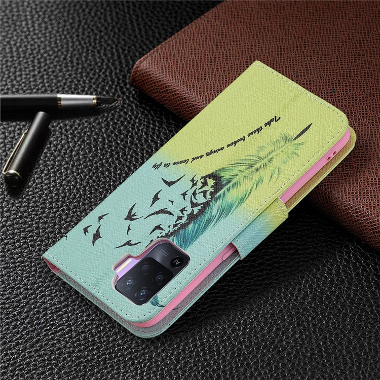 Pattern Printing Leather + Soft TPU Inner Case with Wallet Stand for Oppo A94/Reno5 F/F19 Pro - Feather/Bird Pattern