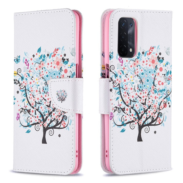 Pattern Printing Good Hand -Hold Feeling Leather Wallet Stand Case for Oppo A74 5G/A93 5G/A54 5G - Flower Tree