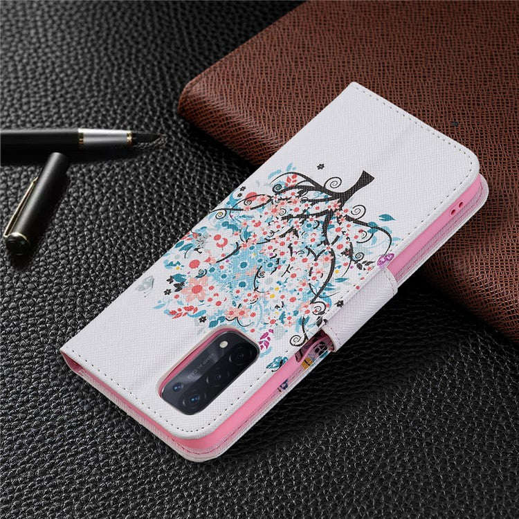 Pattern Printing Good Hand -Hold Feeling Leather Wallet Stand Case for Oppo A74 5G/A93 5G/A54 5G - Flower Tree