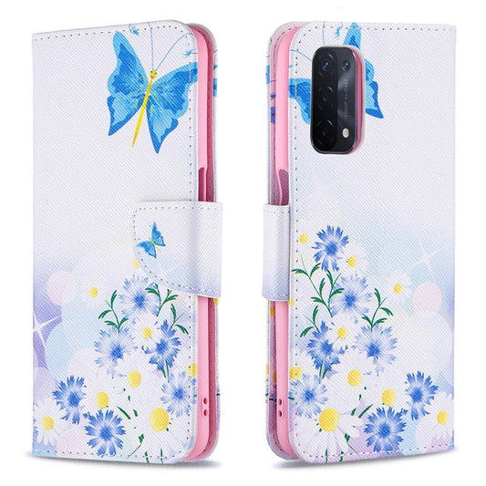 Pattern Printing Good Hand -Hold Feeling Leather Wallet Stand Case for Oppo A74 5G/A93 5G/A54 5G - Blue Butterflies and Flowers