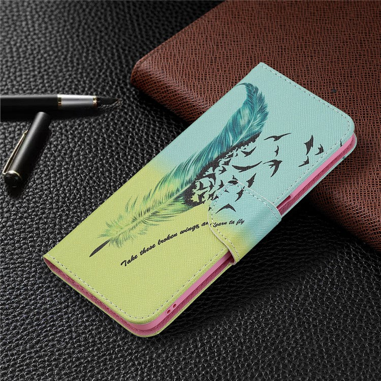 Pattern Printing Good Hand -Hold Feeling Leather Wallet Stand Case for Oppo A74 5G/A93 5G/A54 5G - Feather/Bird Pattern
