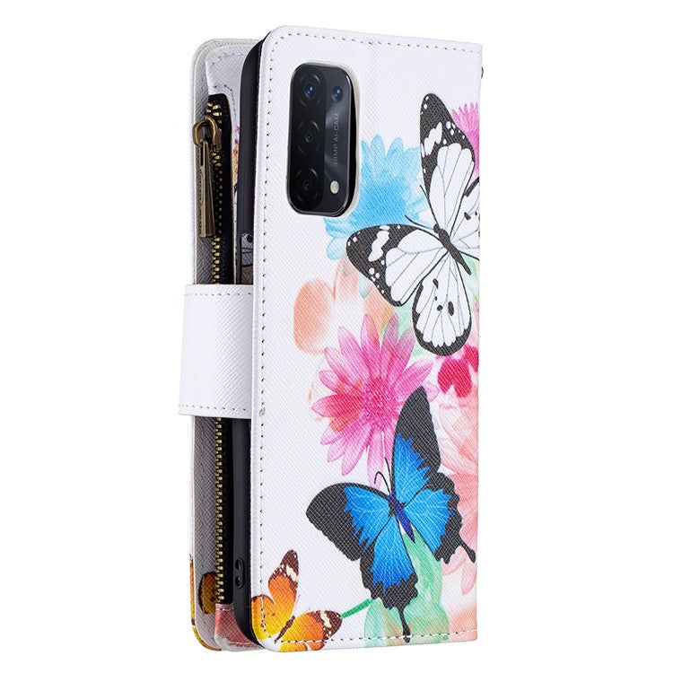 Shock-Absorbed Zippered Wallet Design BF03 Pattern Printing Full Protection Leather Stand Phone Cover for Oppo A74 5G/A93 5G/A54 5G - Two Butterflies