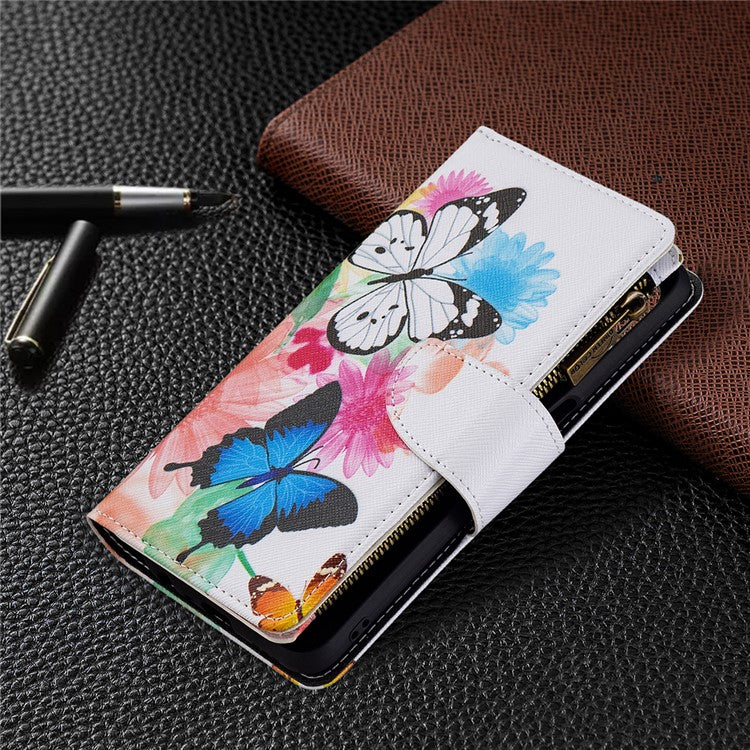 Shock-Absorbed Zippered Wallet Design BF03 Pattern Printing Full Protection Leather Stand Phone Cover for Oppo A74 5G/A93 5G/A54 5G - Two Butterflies