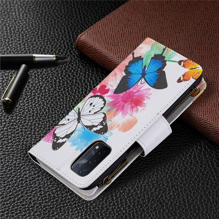 Shock-Absorbed Zippered Wallet Design BF03 Pattern Printing Full Protection Leather Stand Phone Cover for Oppo A74 5G/A93 5G/A54 5G - Two Butterflies