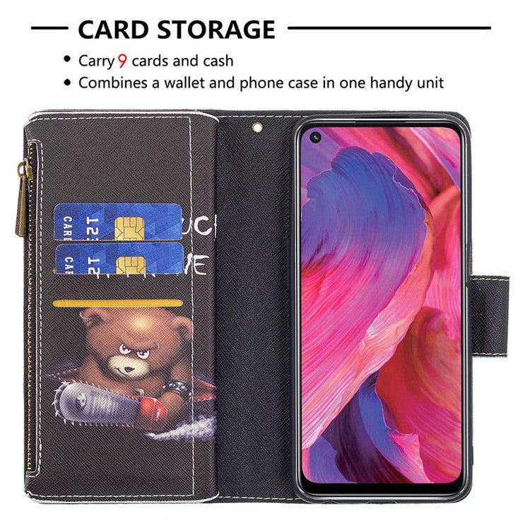 Shock-Absorbed Zippered Wallet Design BF03 Pattern Printing Full Protection Leather Stand Phone Cover for Oppo A74 5G/A93 5G/A54 5G - Bear