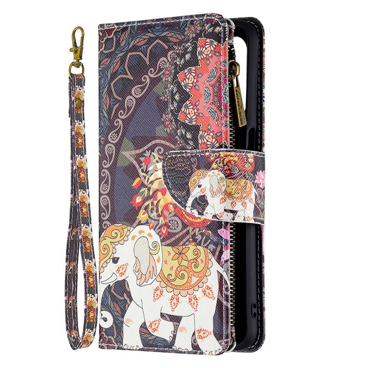 Shock-Absorbed Zippered Wallet Design BF03 Pattern Printing Full Protection Leather Stand Phone Cover for Oppo A74 5G/A93 5G/A54 5G - Flower and Elephant