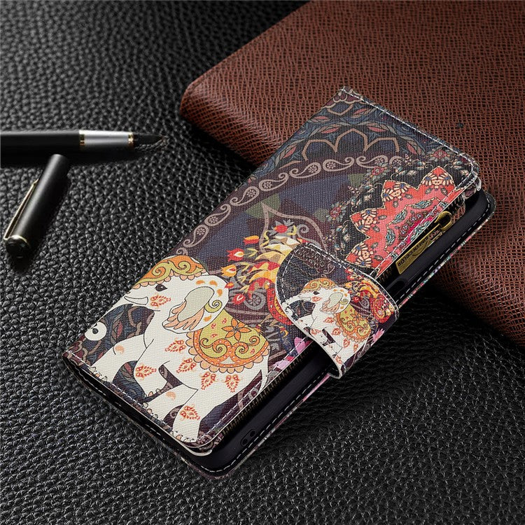 Shock-Absorbed Zippered Wallet Design BF03 Pattern Printing Full Protection Leather Stand Phone Cover for Oppo A74 5G/A93 5G/A54 5G - Flower and Elephant