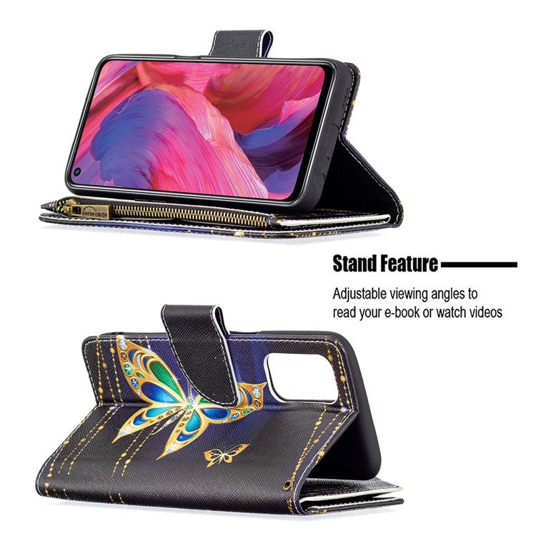 Shock-Absorbed Zippered Wallet Design BF03 Pattern Printing Full Protection Leather Stand Phone Cover for Oppo A74 5G/A93 5G/A54 5G - Crystal Butterfly