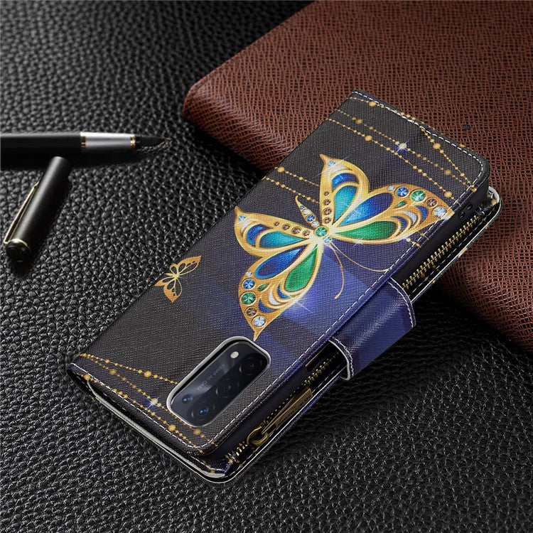 Shock-Absorbed Zippered Wallet Design BF03 Pattern Printing Full Protection Leather Stand Phone Cover for Oppo A74 5G/A93 5G/A54 5G - Crystal Butterfly
