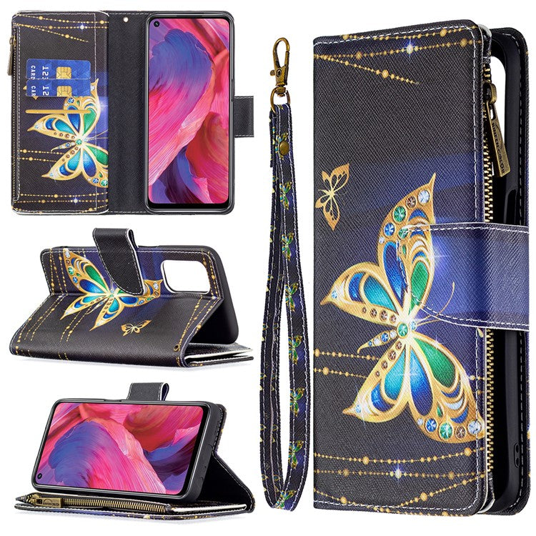 Shock-Absorbed Zippered Wallet Design BF03 Pattern Printing Full Protection Leather Stand Phone Cover for Oppo A74 5G/A93 5G/A54 5G - Crystal Butterfly