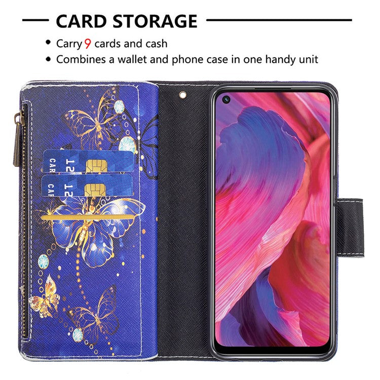 Shock-Absorbed Zippered Wallet Design BF03 Pattern Printing Full Protection Leather Stand Phone Cover for Oppo A74 5G/A93 5G/A54 5G - Golden Butterflies