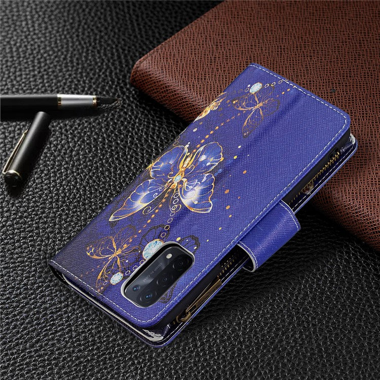 Shock-Absorbed Zippered Wallet Design BF03 Pattern Printing Full Protection Leather Stand Phone Cover for Oppo A74 5G/A93 5G/A54 5G - Golden Butterflies